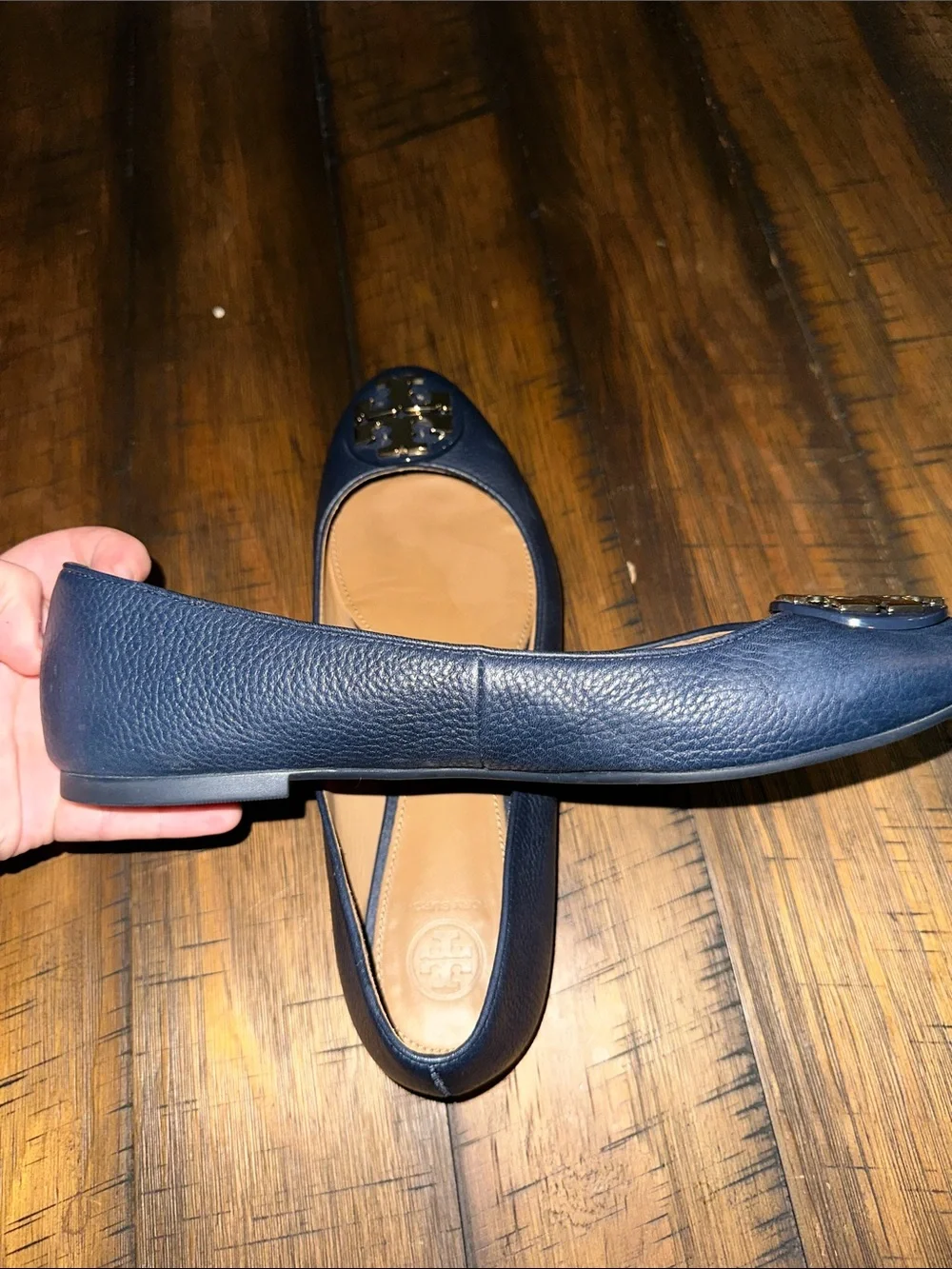 Tory Burch Navy Leather Ballet Flats with Gold Logo
